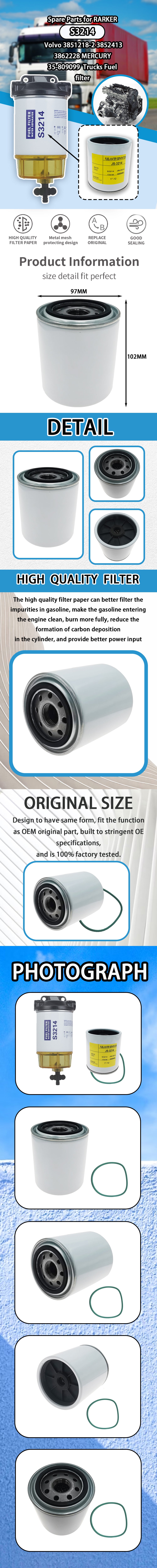Spare Parts for RARKER S3214 Volvo 3851218-2 3852413 3862228 MERCURY 35-809099  Trucks Fuel filter